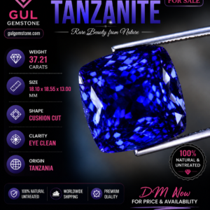 37.21 Carat Natural Tanzanite – Eye Clean Cushion Cut | 18.10 × 18.55 × 13.00 mm | Tanzania