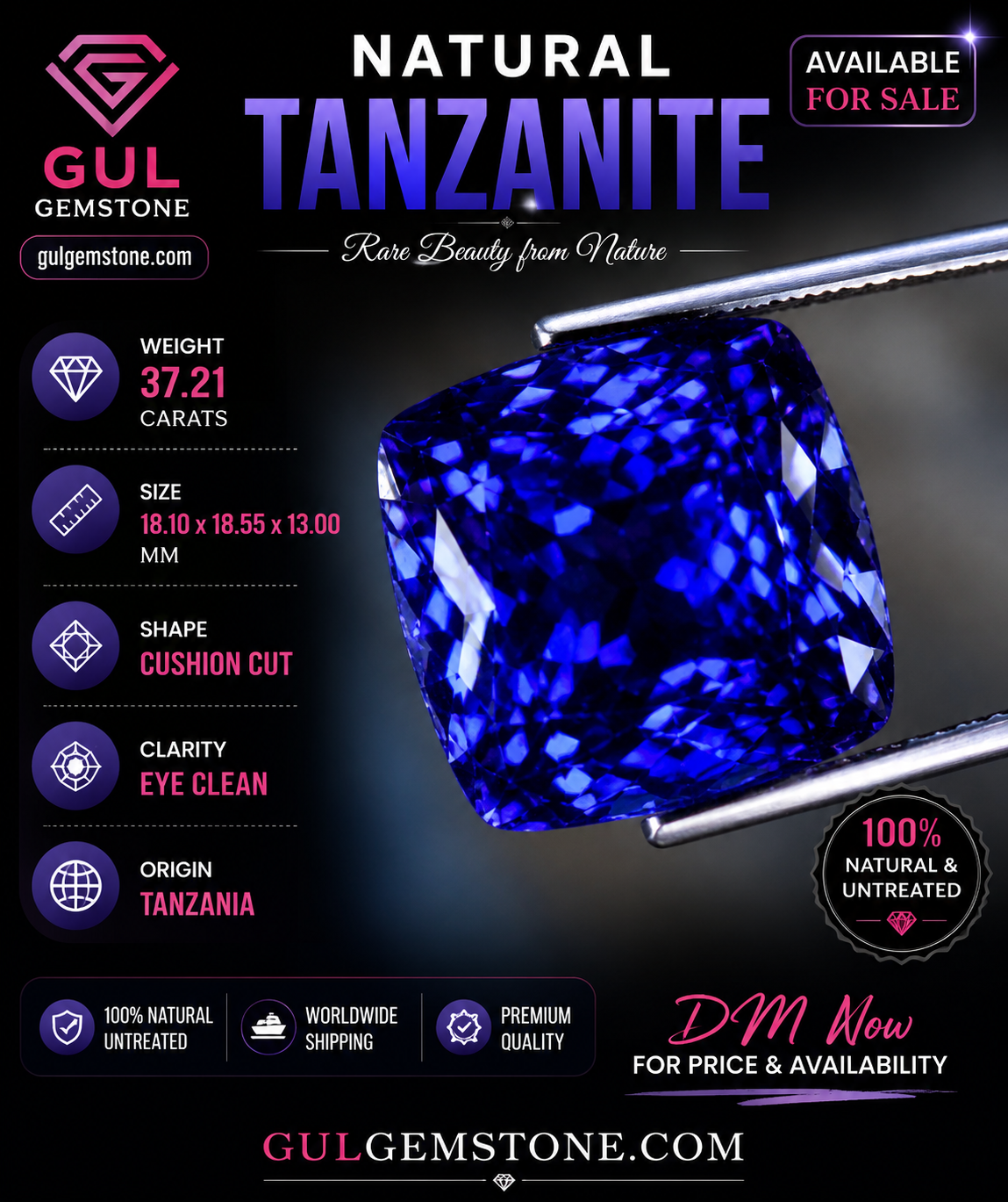 37.21 Carat Natural Tanzanite – Eye Clean Cushion Cut | 18.10 × 18.55 × 13.00 mm | Tanzania